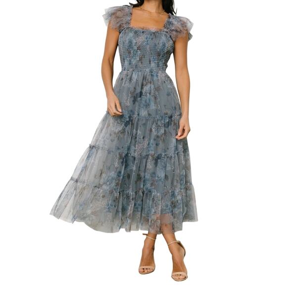 Baltic Born Clementine Blue Floral Midi Bohemian Smocked Tulle Dress - Picture 2 of 14